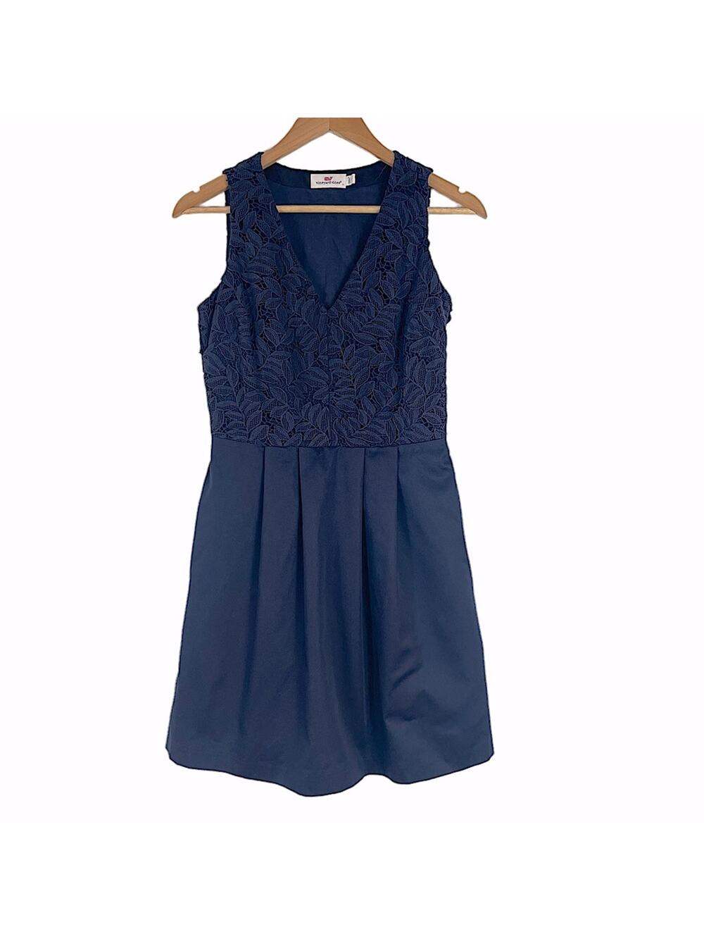 Vineyard Vines Preppy Leaf Lace V-Neck Sleeveless Dress Navy Blue Women's Size 0